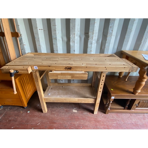 160 - DJM wooden work bench with  two wooden vice and single drawer with shelf to base.