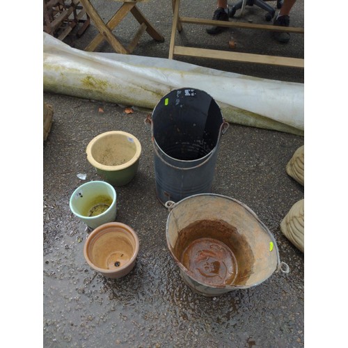 102 - coal scuttle, galvanised bucket and 3 x planters