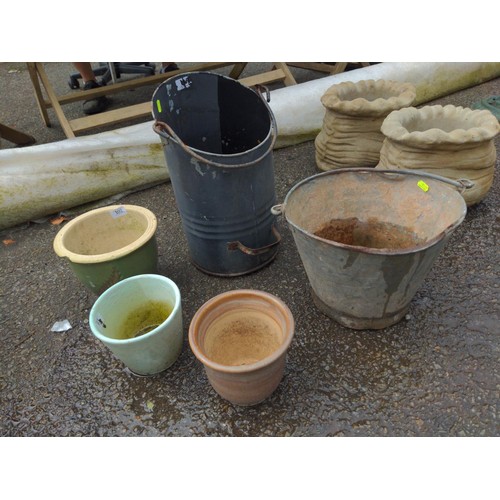 102 - coal scuttle, galvanised bucket and 3 x planters