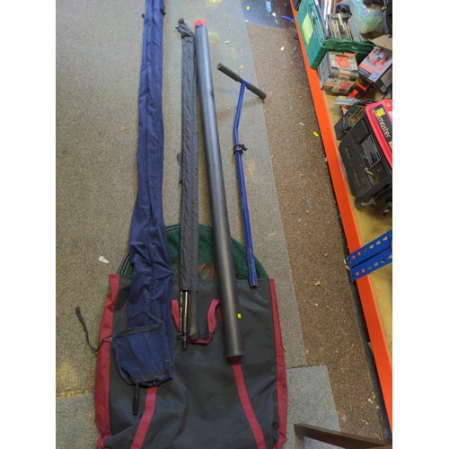 218 - Quantity of fishing items Inc Rods, landing net, trolley, 2 x boxes of tackle inc floats, hooks, ree... 