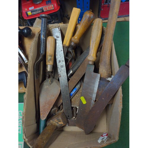 241 - Box of vintage hand tools Inc Stanley plane, axe,hammers etc.. 