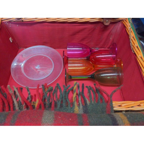 248 - Wicker Picnic basket with blanket and other contents