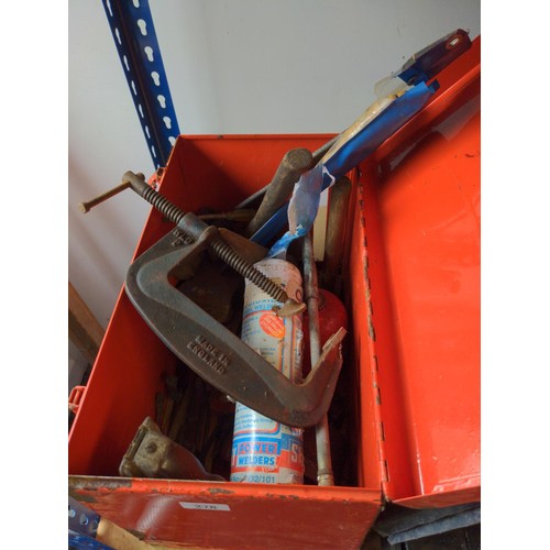 278 - Red tool box with vintage tools Inc oil lap, axe head, hammer Etc...