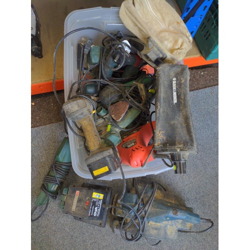 298 - Plastic container full of electric hand tools Inc, drills, sanders Etc.. 