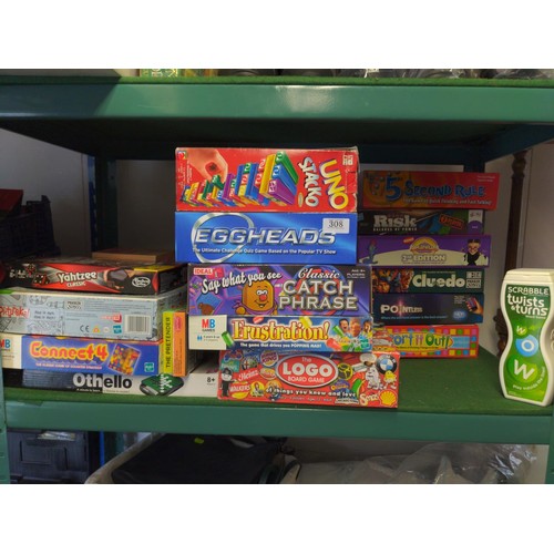 308 - Large collection of games Inc eggheads, uno, Cluedo, connect 4 Etc..