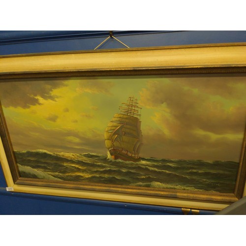 408 - Original oil, signed bottom right, Seascape with 3 masted sailing boat, 116 x 67 cms