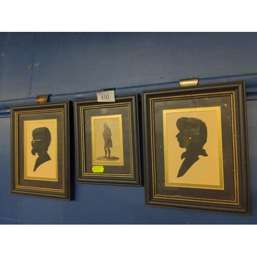 410 - 3 period style silhouettes in black gilded frames, largest 20.5 x 17cms