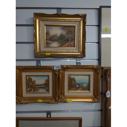 416 - 3 ornately framed oil paintings of country scenes, largest 28.5x23.5 cms