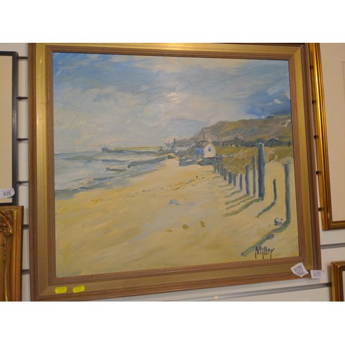 420 - Oil on board of a coastal scene, signed Miller lower right, framed 70 x 62cm