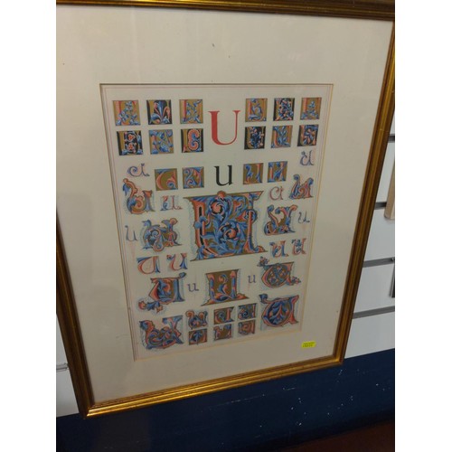 421 - 2 gilt framed letters, 'N' & 'U', gilt & colourful in various typefaces, each 44x55cms