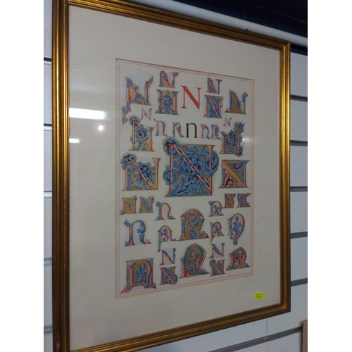 421 - 2 gilt framed letters, 'N' & 'U', gilt & colourful in various typefaces, each 44x55cms