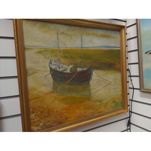 428 - Oil on board of a boat in an estuary landscape, signed Miller lower right, framed 77 x 69cm