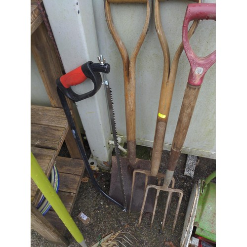 68 - Collection of long handle tools Inc. Fork, rake, bow saw