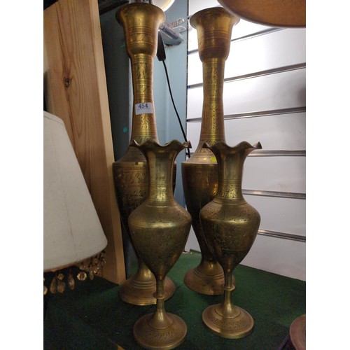 454 - 4x (in 2 pairs) of Indian style brass vases. Tallest H55cm