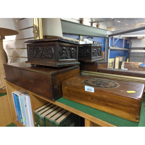 468 - Three wooden lidded boxes, including carved and Georgian, Largest (with broken lid): w54cm d20cm h13... 