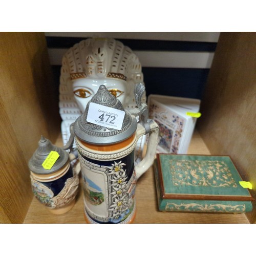 472 - Cube of tourist type collectables: 2 Steins (Austrian & German), ceramic Tutankhamun bust (H25cm... 