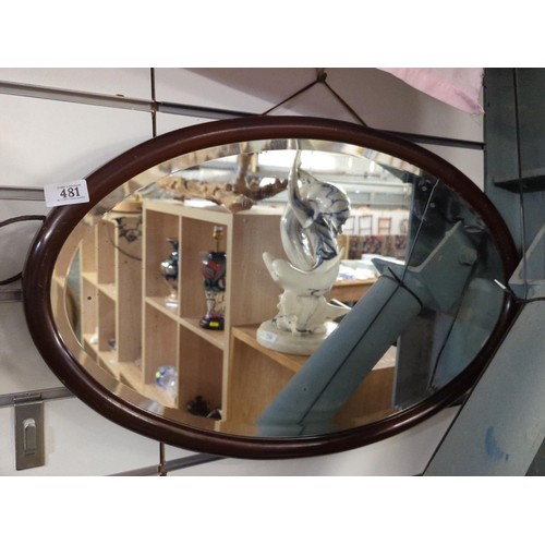 481 - Mahogany framed oval mirror. W72cm H42cm 