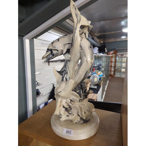 482 - Composite marble formed entwined Dolphin pair. H51cm