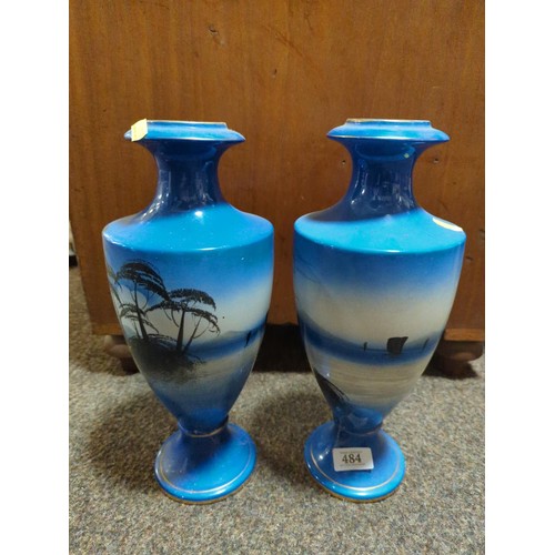 484 - Pair of vintage Shaw & Copstake (Pre-Sylvac) Japanese scene decorated vases. H35cm