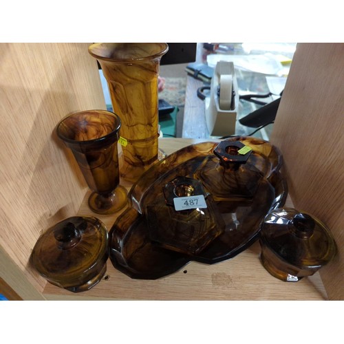 487 - Various Art Deco amber cloud glass dresser top items, inc. candlesticks, vases etc. Possibly made by... 