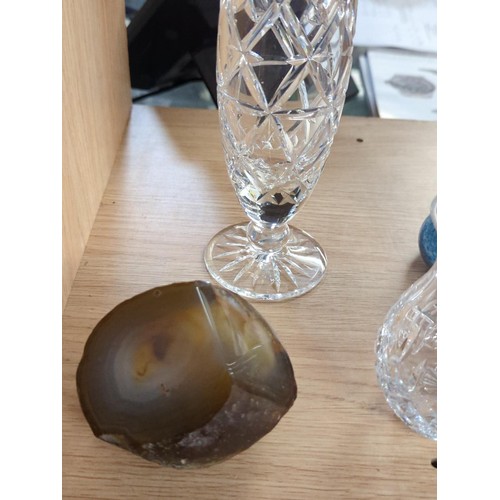 492 - Polished geode, 2 crystal glass vases etc.