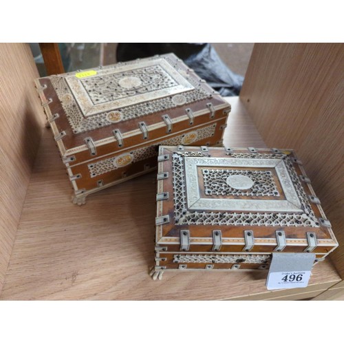 496 - 2x Bone decorated jewellery caskets, smaller with key. Largest W20.5cm