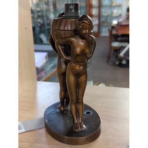 499 - Art Deco bronze figurative lamp base comprising a pair of nude ladies supporting light fitting, heig... 