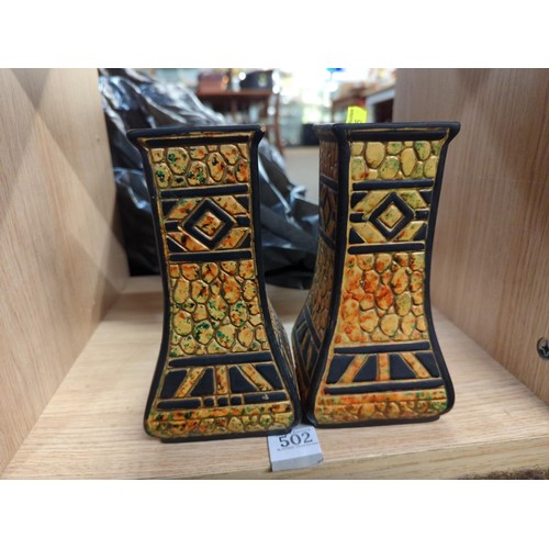 502 - Pair of colourful glazed, square tapered vases. H18cm