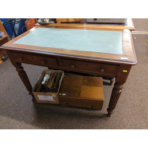 517 - Regency style oak writing desk, raised on reeded supports with 2 drawers. W107cm D58cm H75cm