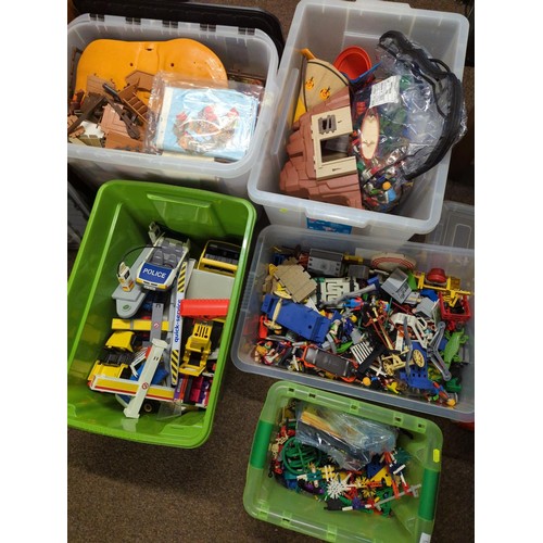 680 - 5 plastic containers of Playmobil figures, cars, scenery, castle (no 3666), ships etc