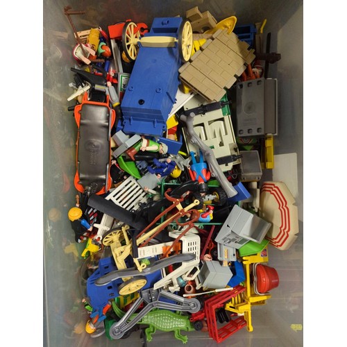 680 - 5 plastic containers of Playmobil figures, cars, scenery, castle (no 3666), ships etc