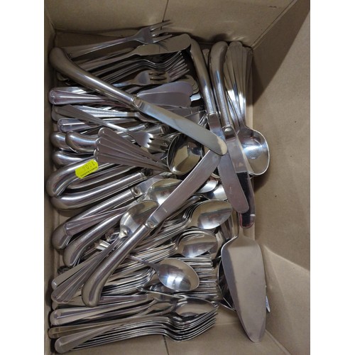 698 - 12 place settings of knives, forks, dessert spoons etc with serving items, all in stainless steel, m... 