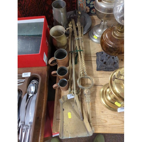 701 - Collection of large fire irons (tongs length 72cms), tankards & plates, mainly in brass & pe... 