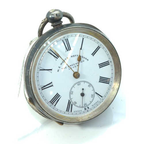 554 - Swiss 935 silver cased open faced pocket watch, the dial signed 'W.E. Watts Nottingham, The Gre... 