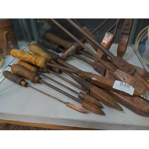 648 - Collection of vintage wooden handled copper tipped soldering irons, including some with maker's mark... 