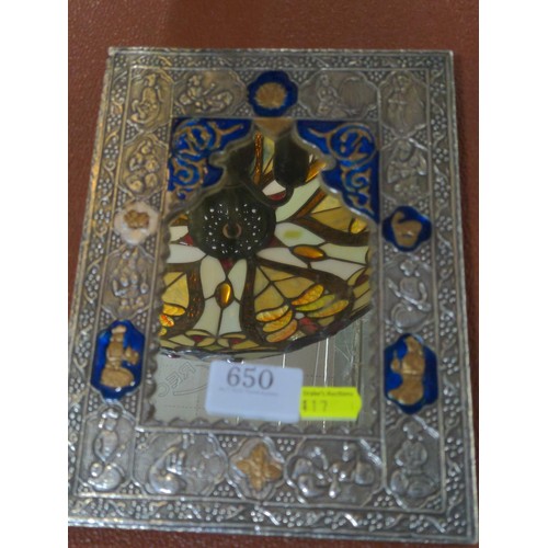 650 - Indian white metal mounted mirror with enamel, 22.5 x 16.7cm