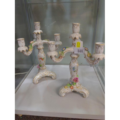 661 - Pair of Schierholz porcelain candelabra, with applied and painted floral decoration and gilt highlig... 