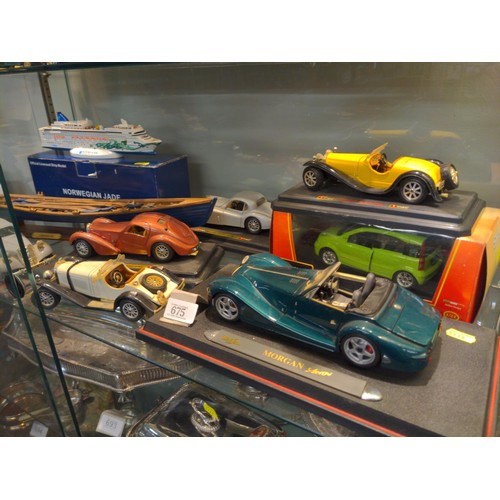 675 - Collection of die cast  & other models inc a Cornish Gig on stand, with oars, L47 cms, & car... 