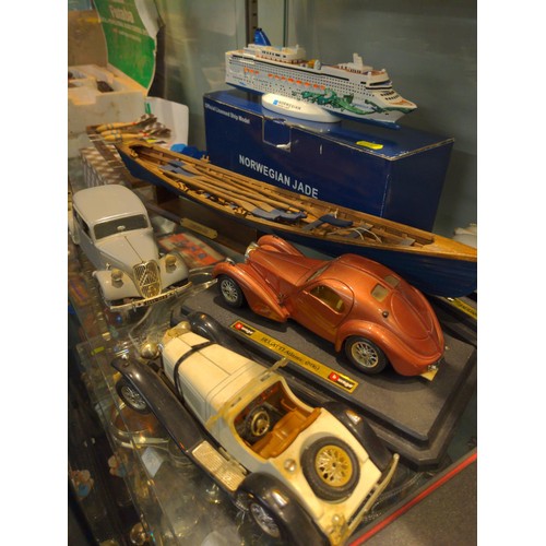 675 - Collection of die cast  & other models inc a Cornish Gig on stand, with oars, L47 cms, & car... 