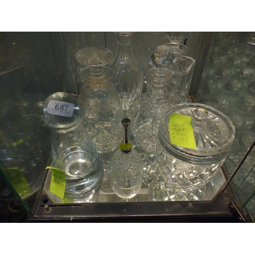 687 - 6 decanters , biscuit barrel & bell in crystal & cut glass