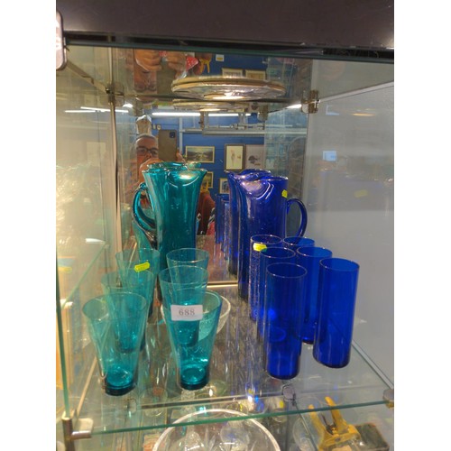 688 - 2 coloured cordial sets, with jug & 6 glasses in each,  in royal blue & aquamarine