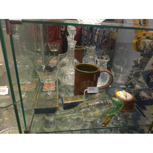 690 - Collection of items inc decanter, glasses & vase plus a Smiths kitchen timer set on a small copp... 