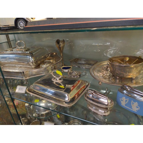 693 - Full shelf of mixed silver plated ware inc galleried tray; salts; 2 serving dishes plus others