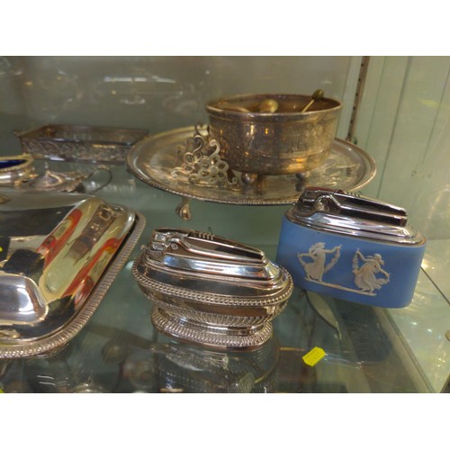 693 - Full shelf of mixed silver plated ware inc galleried tray; salts; 2 serving dishes plus others