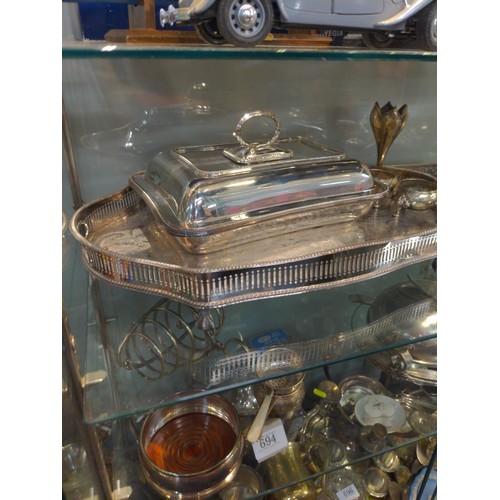 693 - Full shelf of mixed silver plated ware inc galleried tray; salts; 2 serving dishes plus others