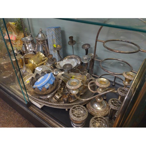 696 - Shelf full of mixed items inc galleried tray (l 48cms, width 38cms) candelabra, posy dishes, tea &am... 