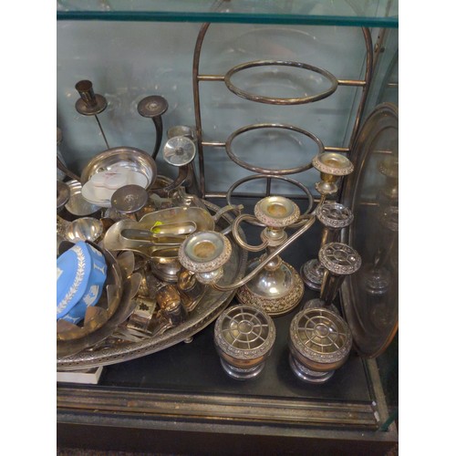 696 - Shelf full of mixed items inc galleried tray (l 48cms, width 38cms) candelabra, posy dishes, tea &am... 