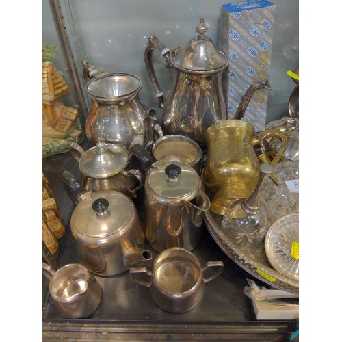 696 - Shelf full of mixed items inc galleried tray (l 48cms, width 38cms) candelabra, posy dishes, tea &am... 