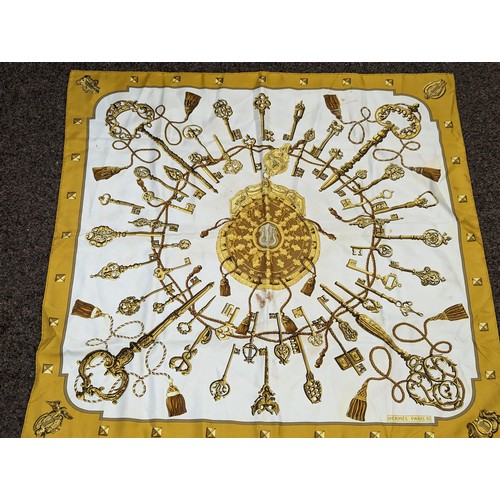 546 - Hermes Paris, silk scarf with key design in ochre colourway 'Les Clefs' by Caty Latham, 89 x 89cm. S... 