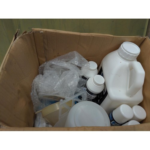 13 - Box full of garden items, Kingfisher spray bottle, insecticides and other spray bottles.